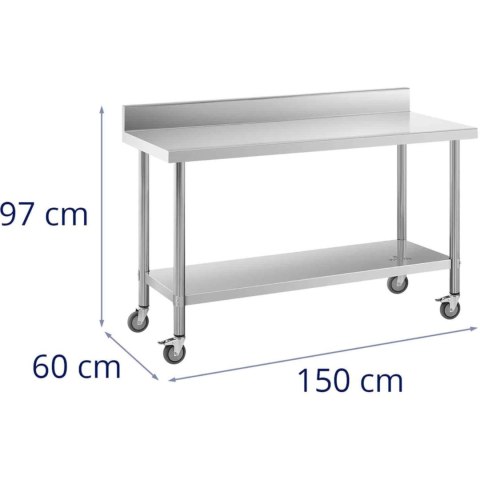 Stół metalowy gastronomiczny na kółkach z półką i rantem STAL 60 x 150 cm Stół metalowy gastronomiczny na kółkach z półką i rantem STAL 60 x 150 cm