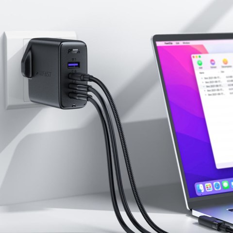 2w1 Kabel i szybka ładowarka sieciowa GaN wtyczka angielska UK 100W PD 3x USB-C USB czarna 2w1 Kabel i szybka ładowarka sieciowa GaN wtyczka angielska UK 100W PD 3x USB-C USB czarna