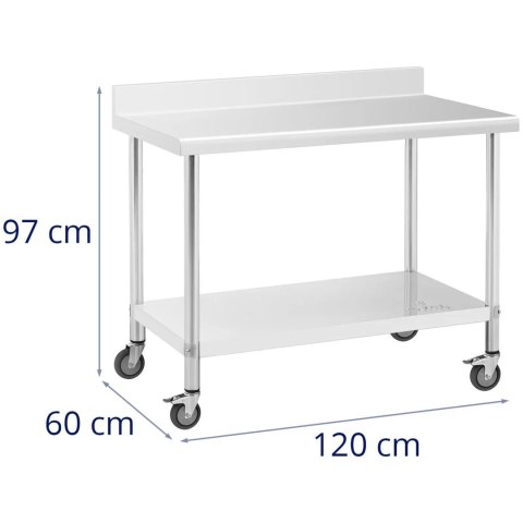 Stół blat roboczy przyścienny z rantem na kółkach 1 półka 120 x 60 cm do 158 kg Stół blat roboczy przyścienny z rantem na kółkach 1 półka 120 x 60 cm do 158 kg