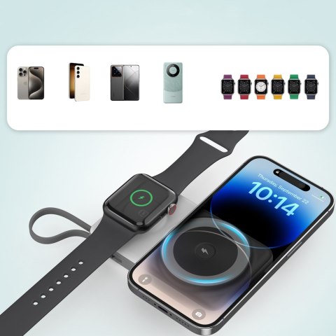 Power bank 10000mAh LED USB-C USB-A Lightning MagSafe Apple Watch - biały