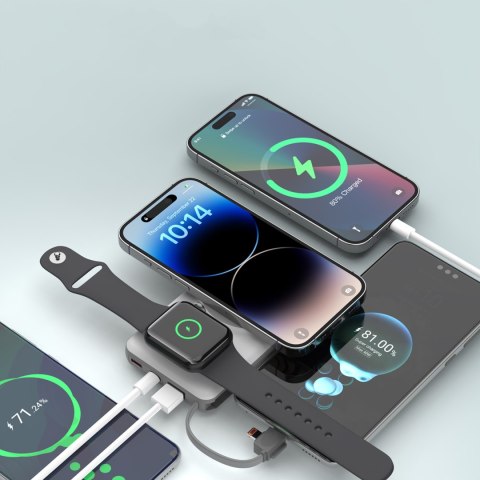 Power bank 10000mAh LED USB-C USB-A Lightning MagSafe Apple Watch - biały