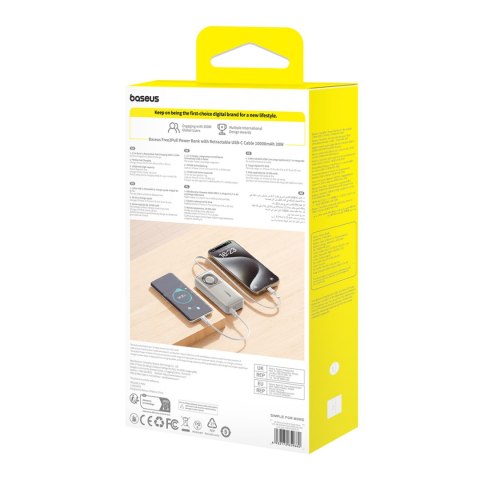 Powerbank Free2Pull 10000mAh 30W z portem USB-C i rozwijanym kablem USB-C - szary